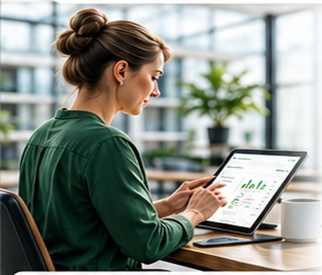 Mitarbeiterin arbeitet mobil mit einem Tablet